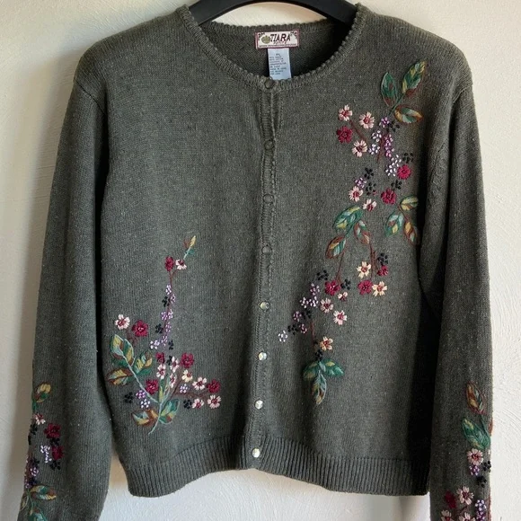 Vintage Tiara Green/Gray Floral Embroidered Cotton/Ramie Cardigan PL - Picture 14 of 14